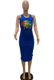 Blue Fashion adult Ma'am Street Black Blue Orange Tank Sleeveless O neck Step Skirt Mid-Calf Print hollow out Dresses