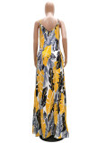 Yellow Fashion Casual adult Red Blue Yellow Spaghetti Strap Sleeveless V Neck Swagger Floor-Length Print Patchwork Dresses