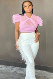 Pink Patchwork Solid perspective ruffle O Neck T-Shirts