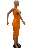オレンジファッション大人マアムストリートブラックブルーオレンジタンクノースリーブOネックステップスカートミッドカーフプリント中空アウトドレス