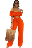 Orange Fashion Casual Hollow Solid Short Sleeve one word collar Jumpsuits