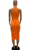 オレンジファッション大人マアムストリートブラックブルーオレンジタンクノースリーブOネックステップスカートミッドカーフプリント中空アウトドレス