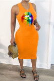 Svart Mode vuxen Ma'am Street Svart Blå Orange Tank Ärmlös O-hals Step Kjol Mid-Calf Print ihåliga klänningar