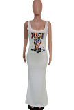 White Fashion adult England White Red Pink Yellow Tank Sleeveless Slip Mermaid Floor-Length Print Patchwork Character Dresses