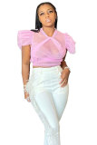 Pink Patchwork Solid perspective ruffle O Neck T-Shirts