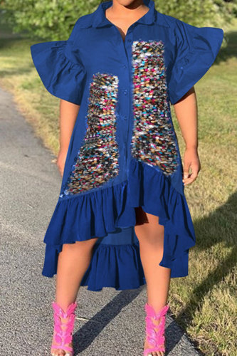 Royal blue Polyester Fashion Casual adult Black Royal blue Lake Blue Ruffled Sleeve Half Sleeves Notched A-Line Mid-Calf Patchwork Solid Sequin ruffle asymmetrical fastener Dresses
