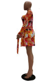 Orange Fashion Casual adult Patchwork Print Two Piece Suits pencil Long Sleeve Two Pieces