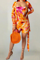 オレンジファッションカジュアル大人パッチワークプリントツーピーススーツペンシル長袖ツーピース