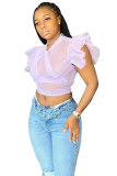 Light Purple Patchwork Solid perspective ruffle O Neck T-Shirts
