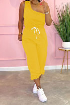 黄色のファッションカジュアル大人パッチワーク固体包帯ツーピーススーツ鉛筆ノースリーブツーピース