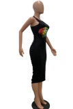Черная мода для взрослых Ma'am Street, черная, синяя, оранжевая майка без рукавов с круглым вырезом, ступенчатая юбка, платья до середины икры с принтом и вырезами