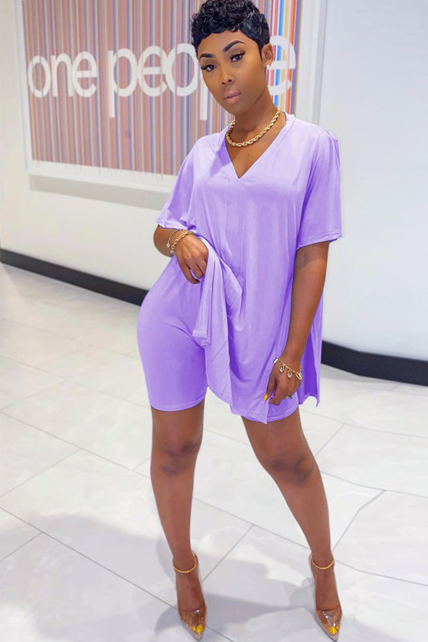 purple Fashion Casual Solid Two Piece Suits pencil Short Sleeve Two Pieces T-shirt Tops And Shorts Sets