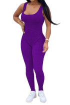 Фиолетовый модный повседневный лоскутный однотонный драпированный комбинезон без рукавов