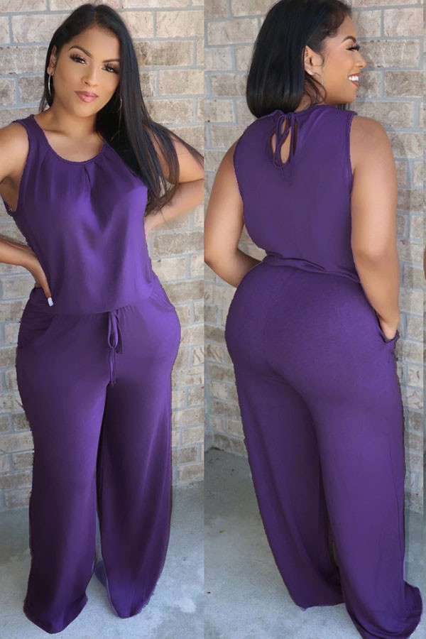 Combinaisons violettes décontractées à la mode, couleur unie, sans manches, col rond