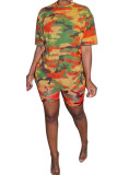 Orange Mode Casual Patchwork Camouflage Deux Pièces Costumes Crayon Manches Courtes Deux Pièces