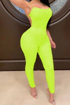 Fluorescent green Fashion Casual Solid Draped Sleeveless Slip Jumpsuits