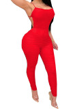 Red Fashion Casual Solid Draped Sleeveless Slip Jumpsuits