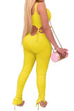 黄色のファッションセクシーな大人のパッチワーク固体背中の開いた蝶結びツーピーススーツ鉛筆ノースリーブツーピース