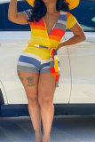 Многоцветный модный сексуальный полосатый комбинезон с принтом в стиле пэчворк с короткими рукавами и V-образным вырезом