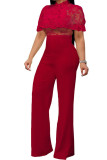 Wine Red Fashion Sexy lace Solid Knitting Short Sleeve O Neck Jumpsuits