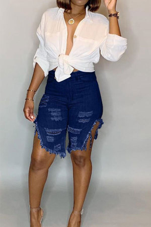 Dark Blue Black Light Blue Dark Blue Button Fly Mid Asymmetrical Boot Cut Capris Bottoms Denim Shorts