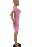 Серая мода Сексуальный белый Черный Серый Розовый Желтый Небесно-голубой с короткими рукавами и круглым вырезом Ступенчатая юбка длиной до колена Однотонные платья с открытой спиной