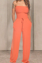 Orange Fashion Casual Solid Draped Cotton Sleeveless Wrapped Jumpsuits