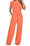 Orange Fashion Casual Solid Short Sleeve O Neck Jumpsuits