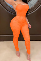 オレンジ ファッション カジュアル ソリッド ドレープ ノースリーブ スリップ ジャンプスーツ
