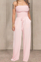 Pink Fashion Casual Solid Draped Cotton Sleeveless Wrapped Jumpsuits