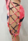 Laranja moda sexy tie-tingido colorido desenho oco sem mangas pendurado pescoço macacão