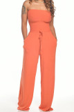 オレンジ ファッション カジュアル ソリッド ドレープ ノースリーブ ラップ ジャンプスーツ