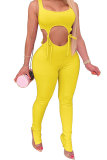 Желтый модный сексуальный взрослый лоскутный однотонный костюм из двух предметов с открытой спиной и бантом, карандаш, без рукавов, из двух предметов