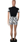 Black Fashion Casual Patchwork Print Two Piece Suits Straight Short Sleeve Two Pieces