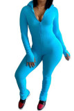 ブルー ファッション カジュアル ソリッド ジッパー ロング スリーブ O ネック ジャンプスーツ