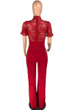 Wine Red Fashion Sexy lace Solid Knitting Short Sleeve O Neck Jumpsuits