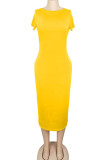 黒のファッションカジュアル白赤黒オレンジ黄シアンキャップスリーブ半袖 O ネックペンシルドレスミッドカーフ固体ドレス