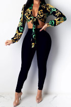 Black Fashion Casual adult Patchwork Print asymmetrical Two Piece Suits pencil Long Sleeve Two Pieces