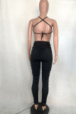 Black Fashion Casual Solid Draped Sleeveless Slip Jumpsuits