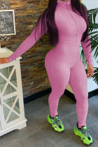 Roze Mode Casual Effen rits Jumpsuits met lange mouwen en O-hals