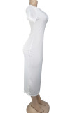 レッドファッションカジュアルホワイトレッドブラックオレンジイエローシアンキャップスリーブ半袖Oネックペンシルドレスミッドカーフソリッドドレス