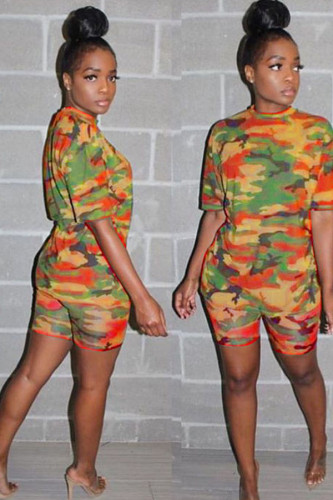 Orange Fashion Casual Patchwork Camouflage Two Piece Suits pencil Short Sleeve Two Pieces