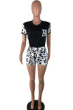 Black Fashion Casual Patchwork Print Two Piece Suits Straight Short Sleeve Two Pieces