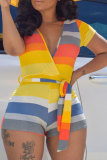 multicolor mode sexigt tryck randigt lapptäcke kortärmad V-hals tröja