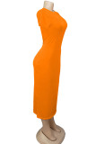 レッドファッションカジュアルホワイトレッドブラックオレンジイエローシアンキャップスリーブ半袖Oネックペンシルドレスミッドカーフソリッドドレス