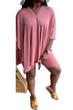 Pink Fashion Casual Patchwork Solid pencil Half Sleeve Two Pieces