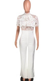 White Fashion Sexy lace Solid Knitting Short Sleeve O Neck Jumpsuits