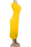 Gelbe Mode, lässig, Weiß, Rot, Schwarz, Orange, Gelb, Cyan, Flügelärmel, kurze Ärmel, O-Ausschnitt, Bleistiftkleid, einfarbige Kleider in der Mitte der Wade