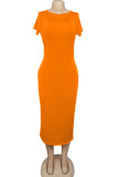 Gult Mode Casual Vit Röd Svart Orange Gul Cyan Kepsärm Korta ärmar O-hals Pennklänning Halvkalv solida klänningar