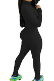 Macacão preto moda casual com zíper sólido manga longa O decote